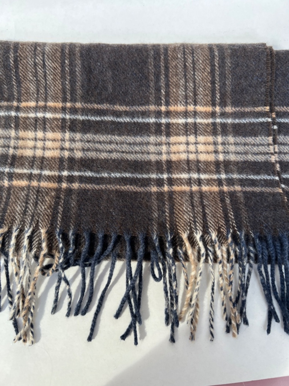 Pure Cashmere Scarf Blue Grey Cream Plaid Tartan Rectangle Fringe Very Soft